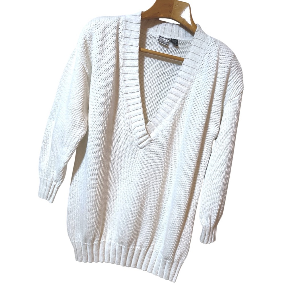 Vintage V Neck Paul Et Duffier White Cotton Ramie Deep V-Neck Knit Sweater Sz L - Picture 8 of 12